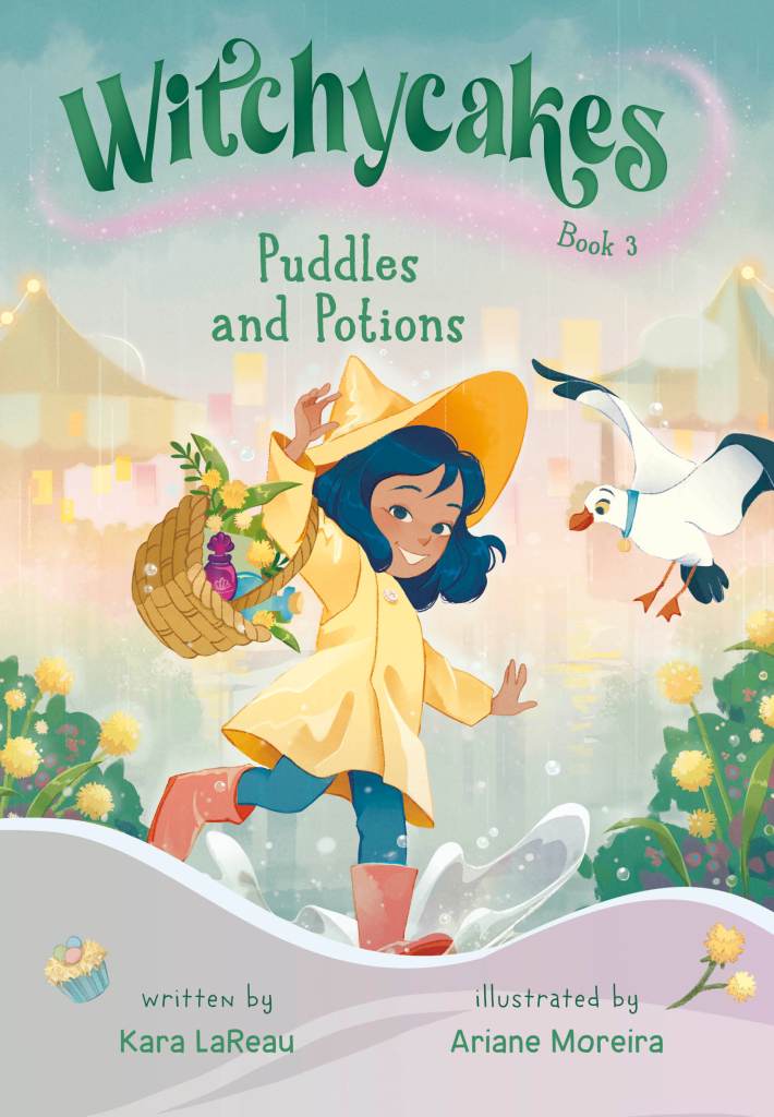 A cover image from WITCHYCAKES: Puddles and Potions, featuring witch-to-be Blue in a yellow raincoat, strolling through a puddle on a rainy day.